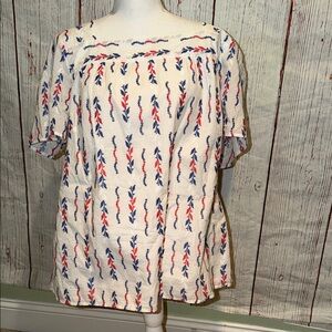 Talbots White and Blue Embroidered Blouse